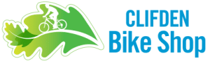 A vibrant logo for clifden bike shop featuring an illustration of a cyclist on a green and blue abstract background that symbolizes movement and outdoors.