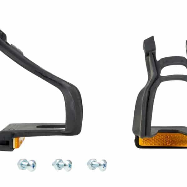 Wellgo Pedal Clip Set: two black clips with orange reflectors, plus four screws shown below.