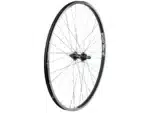 A black Bontrager AT-550/FM31 700c rear wheel with thin spokes against a white background.