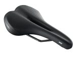 Black Bontrager Sport Bike Saddle, ergonomic with central cut-out and "SPORT" on the side.