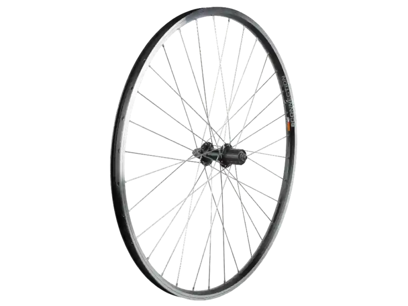 Wheel Rear Bontrager Connection 700c 32h Black/silver against a black background.