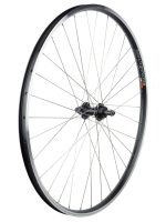 Bontrager Connection 700c MTB Wheel with metal spokes and black hub, angled on white background.
