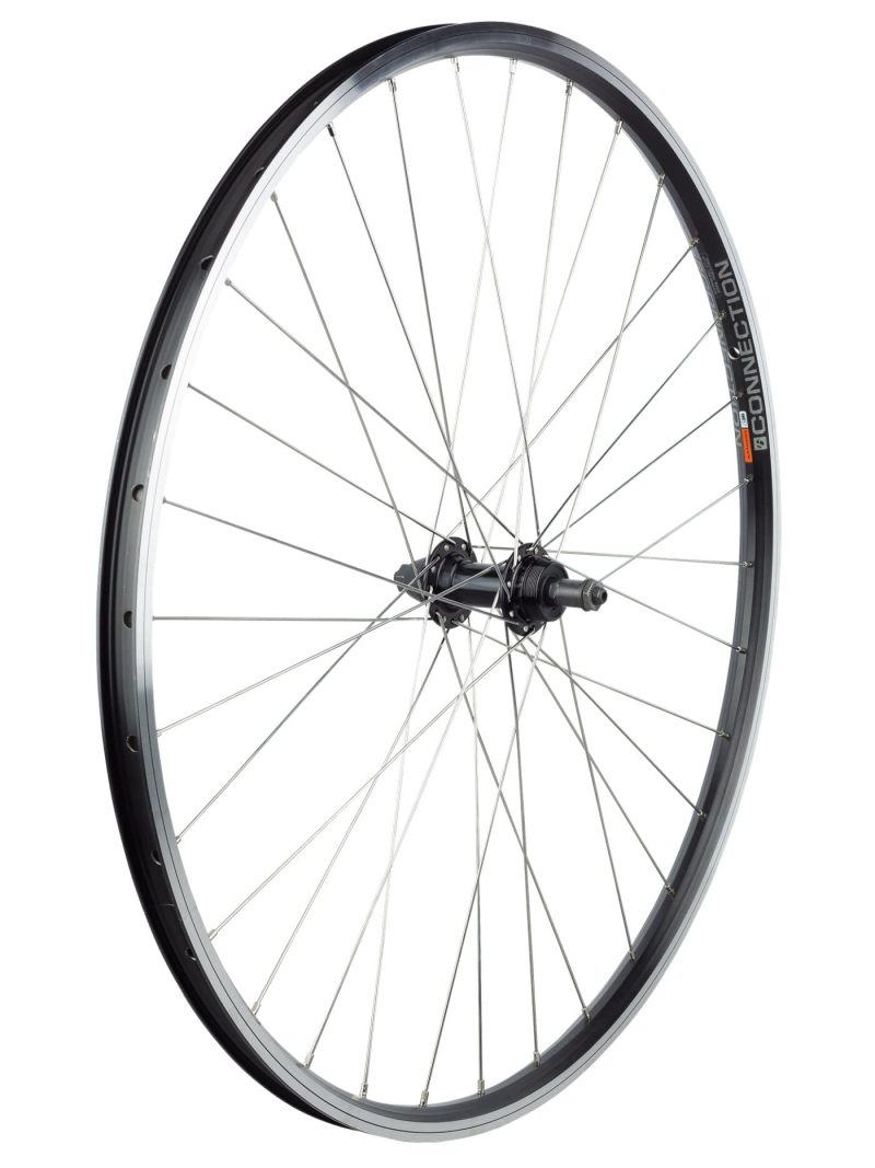 Bontrager Connection 700c MTB Wheel with metal spokes and black hub, angled on white background.