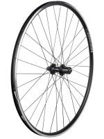 Black Bontrager Approved TLR 32H Clincher 700c road wheel with spokes, side view.