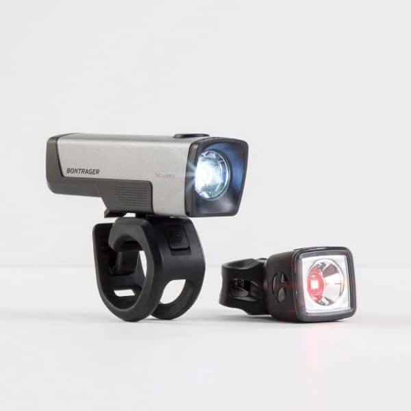 Bontrager Ion Comp R/Flare R City Bike Light Set in silver/black with handlebar mounts.