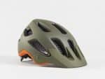A Bontrager Rally WaveCel Mountain Bike Helmet with multiple ventilation slots and an integrated visor. The lower rear part of the helmet features an orange accent. The helmet rests on a white surface with a plain white background.