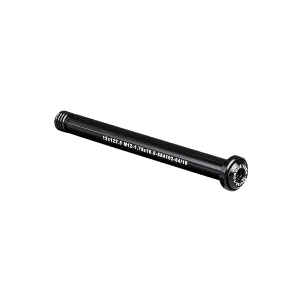 Skewer Bontrager Thru Axle 12x122mm Black Front, ideal for Clifden Bike Hire, on white.