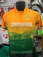 Connemara Ireland Cycling Jersey, orange and green, displayed on a black mannequin torso.