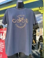 Life is Good in Connemara T-shirt with bike graphic and Clifden Bike Hire in yellow text.
