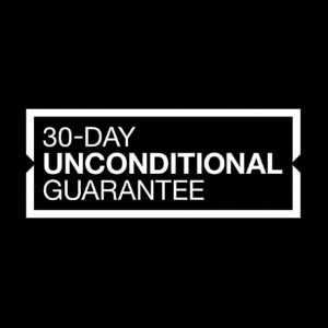 Black background with white text in the center that reads "30-DAY UNCONDITIONAL GUARANTEE" enclosed in a white rectangular border that has small arrows pointing to the right on the sides. Product Name: Water Bottle Cage, Bontrager Elite - Black.