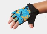 Child’s hand in a Trek Kids’ Unisex Bike Glove S/M, blue and yellow, on white background.