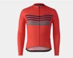 Medium Red Bontrager Circuit Long-Sleeve Cycling Jersey with blue and teal chest stripes.