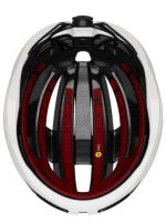 Top view of Trek Velocis Mips Road Bike Helmet Medium with black foam and red interior padding.