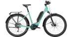 An Allant+ 5 Lowstep Blue Sage e-bike with step-through frame, rear rack, and black mudguards.