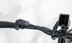 Close-up of Allant+ 5 Lowstep Blue Sage handlebar with control buttons and display.