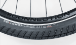 Close-up of an Allant+ 5 Lowstep Blue Sage bike tyre labelled "CONNECTION E6 HARD-CASE LITE" on white.