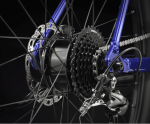 Close-up of a Dual Sport+ 2 Stagger rear wheel with gears, chain, disc brake, and blue frame.