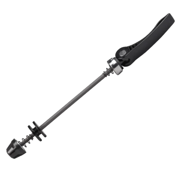 Bontrager QR-22 Suntour 138mm front skewer, black lever with metal axle on white background.