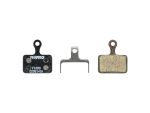 Three Tektro F10BS disc brake pads with a metal spring clip on a white background.