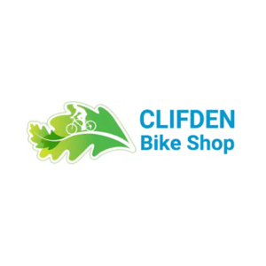 Logo of Clifden Bike Shop featuring a stylized green leaf with two cyclists on it, positioned to the left. The name "CLIFDEN Bike Shop" is written in blue text to the right of the leaf.