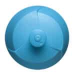 Blue ridged plastic lid of Clifden Bike Shop Water Bottle, shown from above.