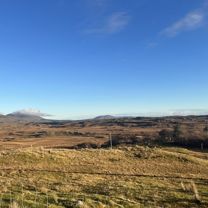 A tranquil landscape under a clear blue sky, featuring rolling fields divided by fences, with distant mountains partially shrouded by clouds on the horizon.