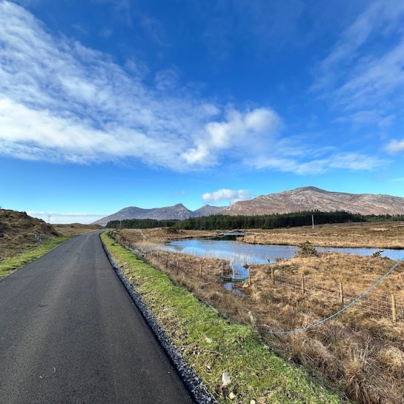 An open road stretches ahead, flanked by grassy plains and a tranquil lake on one side, leading towards distant mountains under a wide, blue sky.
